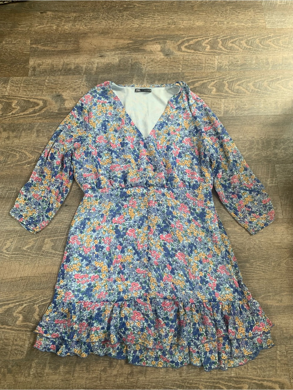 Floral Cottagecore Zara V-Neck Ruffle Hem Women's Dress - Blue Multi